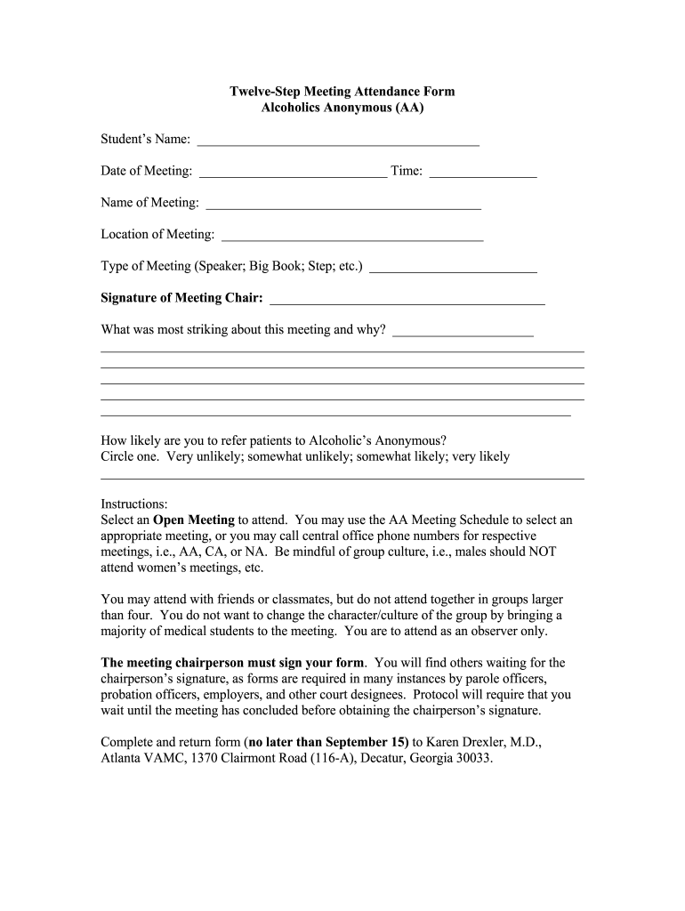 twelve-step meeting attendance form - fill online, printable